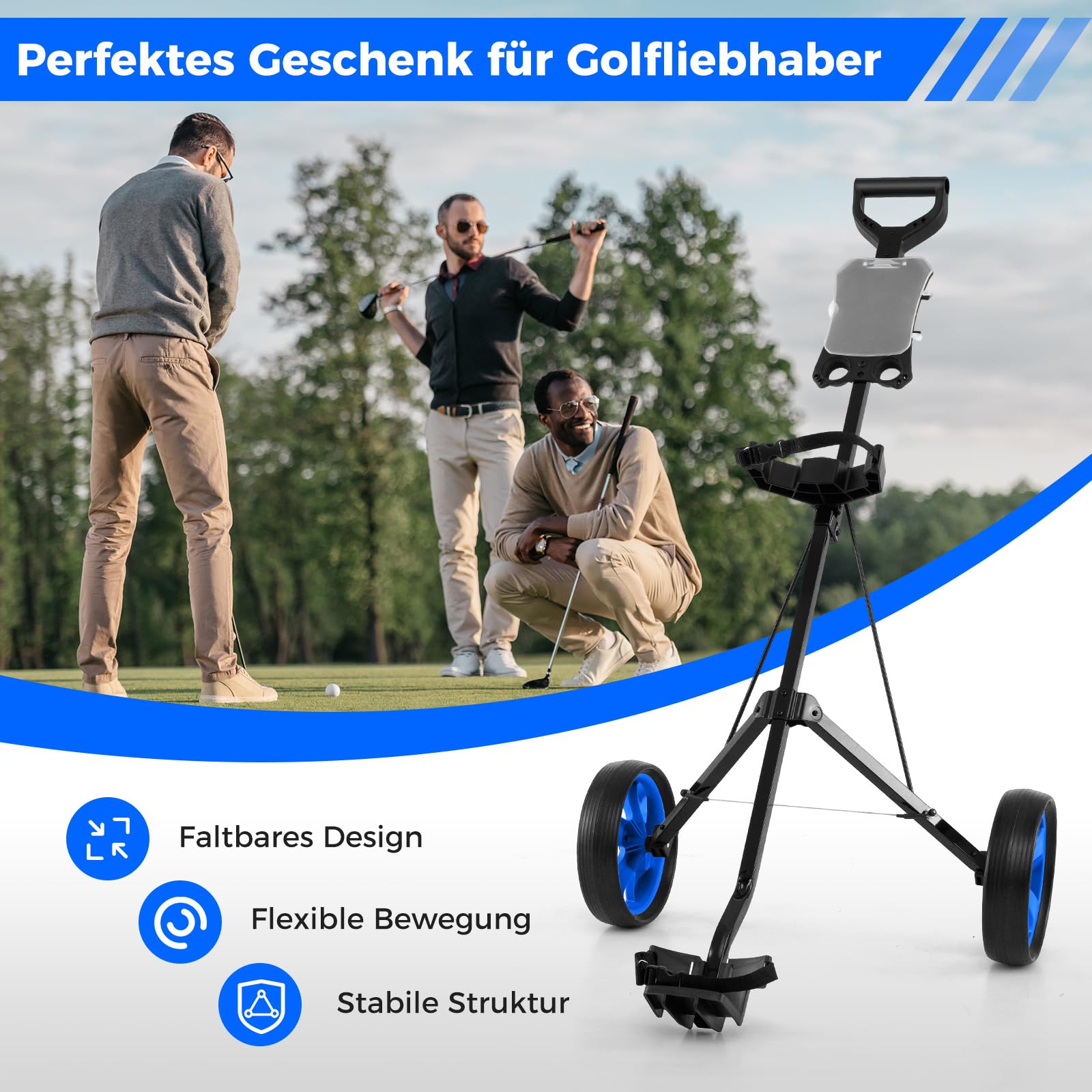 GOPLUS Golf Trolley, Golftrolley 2 Rad Klappbar, mit verstellbarem Gurt, bequem Griff & Fußbremse, Golfwagen mit Anzeigetafel, Golfcaddy Golf Push Cart