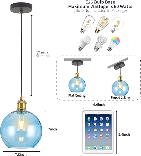 Miniatura 2 de Luces colgantes de cristal azul, iluminación de isla de cocina, globo colgante, lámparas modernas de vidrio soplado a mano para cocina, isla,
