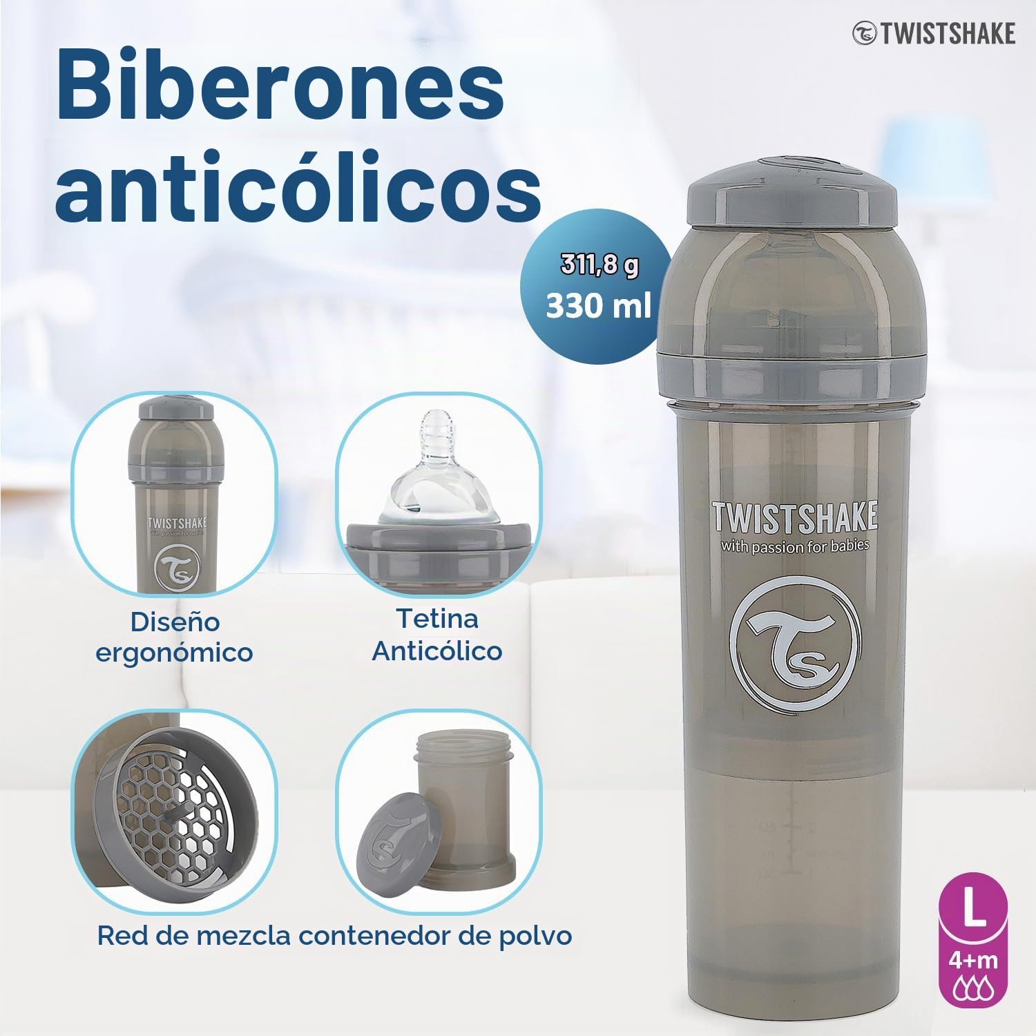 Twistshake 2x Biberón Anticólico Con Contenedor De Leche En Polvo Y Mezclador - 330ml | Tetina De Silicona De Flujo Rápido | Biberón Sin BPA | 4+ Meses | Gris