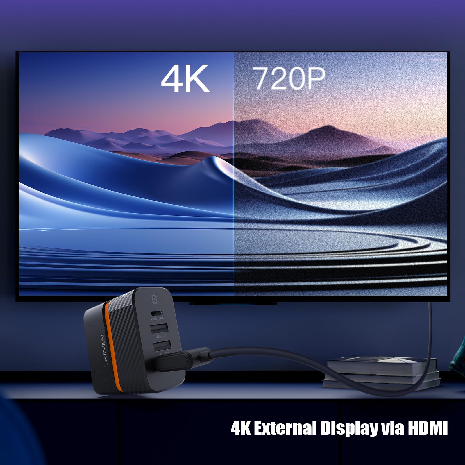 MINIX P4K - Adattatore per caricatore dock da 65 W per switch, laptop, smartphone, tablet. Caricatore da parete 4 in 1 PD con HDMI per TV, 1 USB-C (max 60 W), 2 cavi USB-A da 3,1 e 3,3 m con