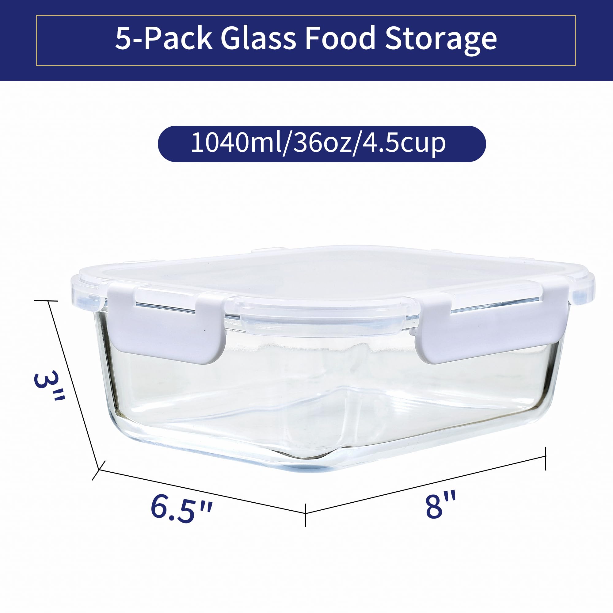 MFY Glasbehälter mit Deckel, wiederverwendbar, für Mahlzeiten, luftdicht, BPA-frei, mikrowellen-, ofen-, gefrier- und spülmaschinenfest, Weiß, 5 Stück