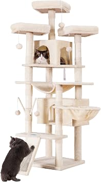 Hey-brother Cat Tree, XL Cozy Cat Tower, Tall Cat Condo with Hammock, Basket, Scratching Posts, 2 Large Cat Caves, 2 Plush Perches, Stable Cat Activity Center, Beige MPJ034M