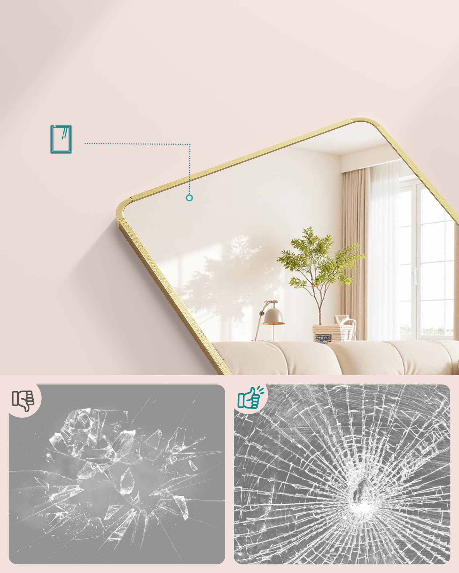 SONGMICS Espejo colgante de longitud completa, 120 x 40 cm, espejo rectangular de cuerpo completo, espejo sobre puerta o pared, vidrio templado, para dormitorio, sala de estar, guardarropa, oro pálido