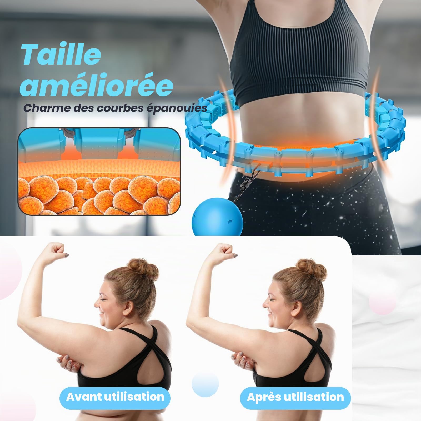 Cerceau Smart Hoop extra large de 165 cm pour adulte avec boule de poids, 32 nœuds, ne tombe jamais du hula silencieux pour perdre du poids, fitness, divertissement