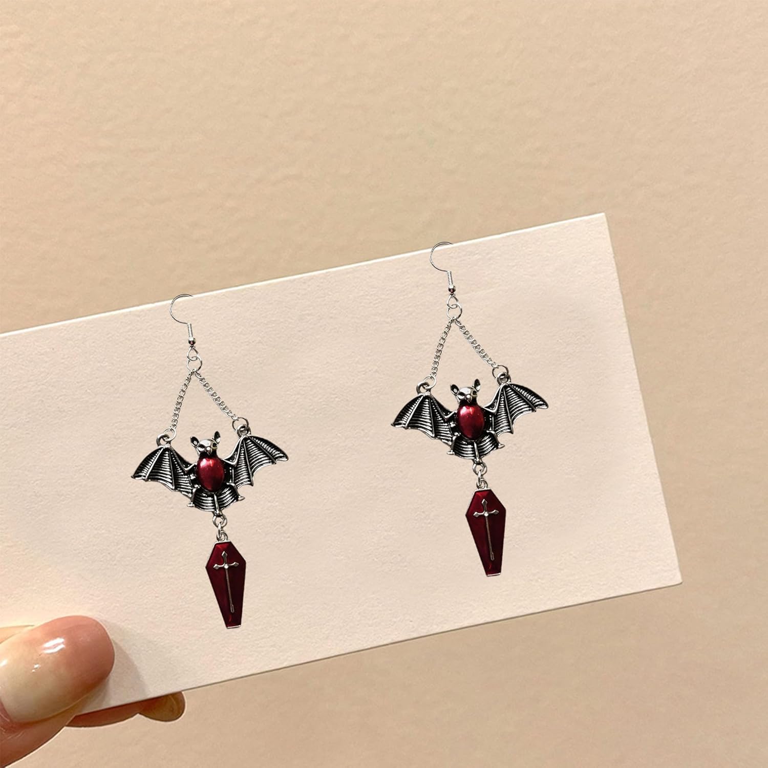 Gothic Bat Earrings for Women Spooky Punk Coffin Cross Magic Mirror Dangle Earrings Halloween Jewelry - Image 6