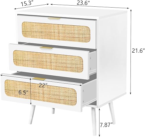 Miniatura 22 de RARZOE 2 juegos de mesitas de noche de ratán, cómoda de 3 cajones, armario de almacenamiento de madera, unidad organizadora para dormitorio, sala de