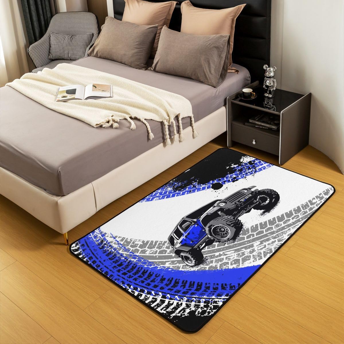 Feelyou Car Area Rug 5x7 Kids Offroad Vehicle Wheel Print Living Room Rugs for Bedroom Boys Girls Teens Truck Decorative Carpet Rug Racing Car Indoor Floor Mat Blue Black Accent Rug