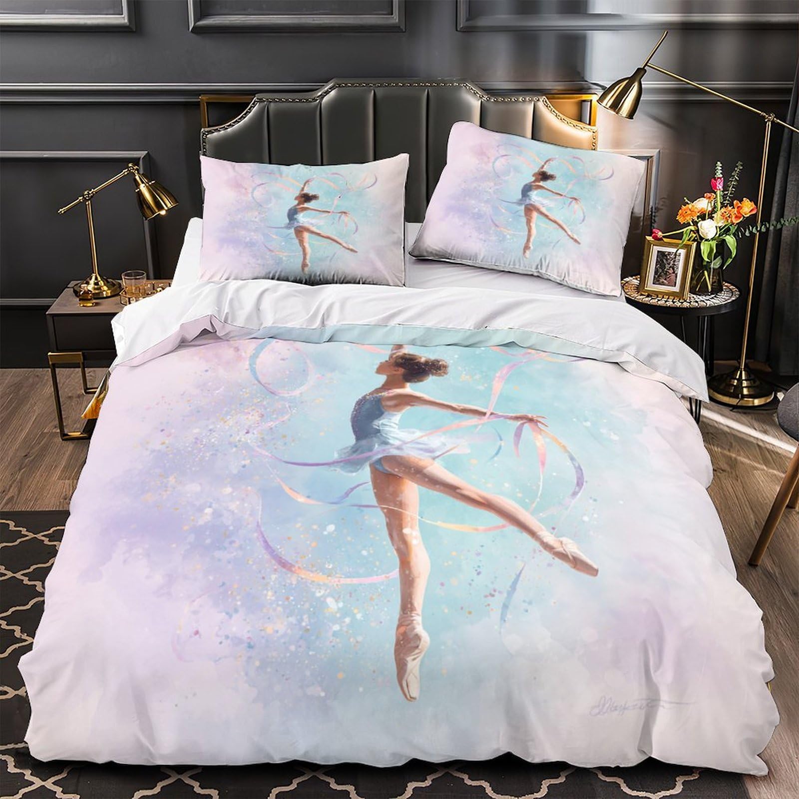 Housse de Couette Ballet 200x200cm avec 2 Taies d'Oreiller en Microfibre pour Lit Double
