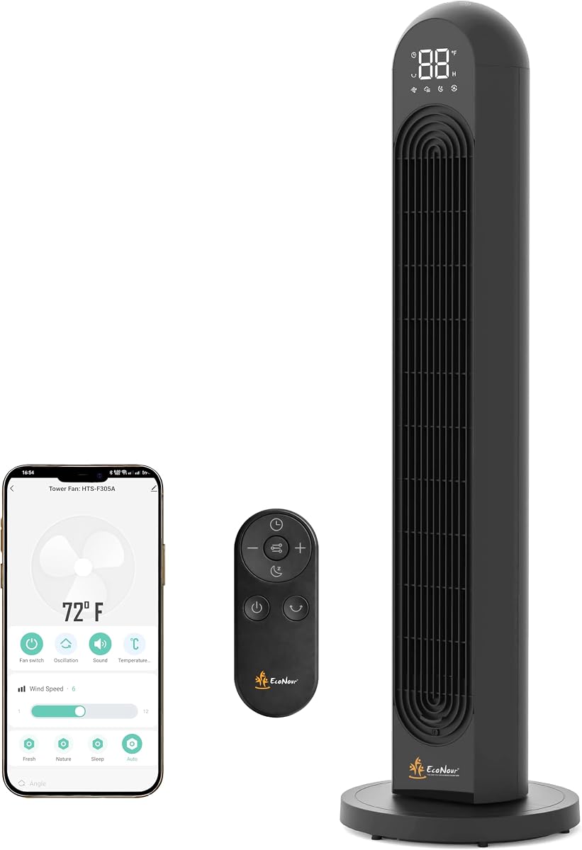 EcoNour Smart Tower Fan with WiFi & Alexa Control, 42Inch Personal Fan, 120° Oscillation, Powerful Whole-Room Airflow, 28dB Quiet DC Motor, 12 Speeds & 4 Modes, 1500 RPM Fan for Bedroom, Home&Office
