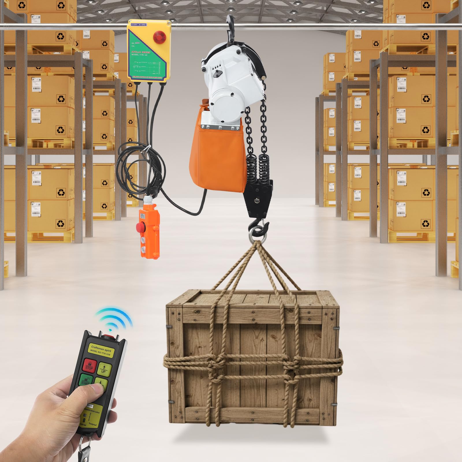 Paranco a catena, 1000 kg, cavo elettrico 1300 W, altezza di sollevamento 6 m, telecomando senza fili, protezione IP40, per officina e industria (bianco, arancione)