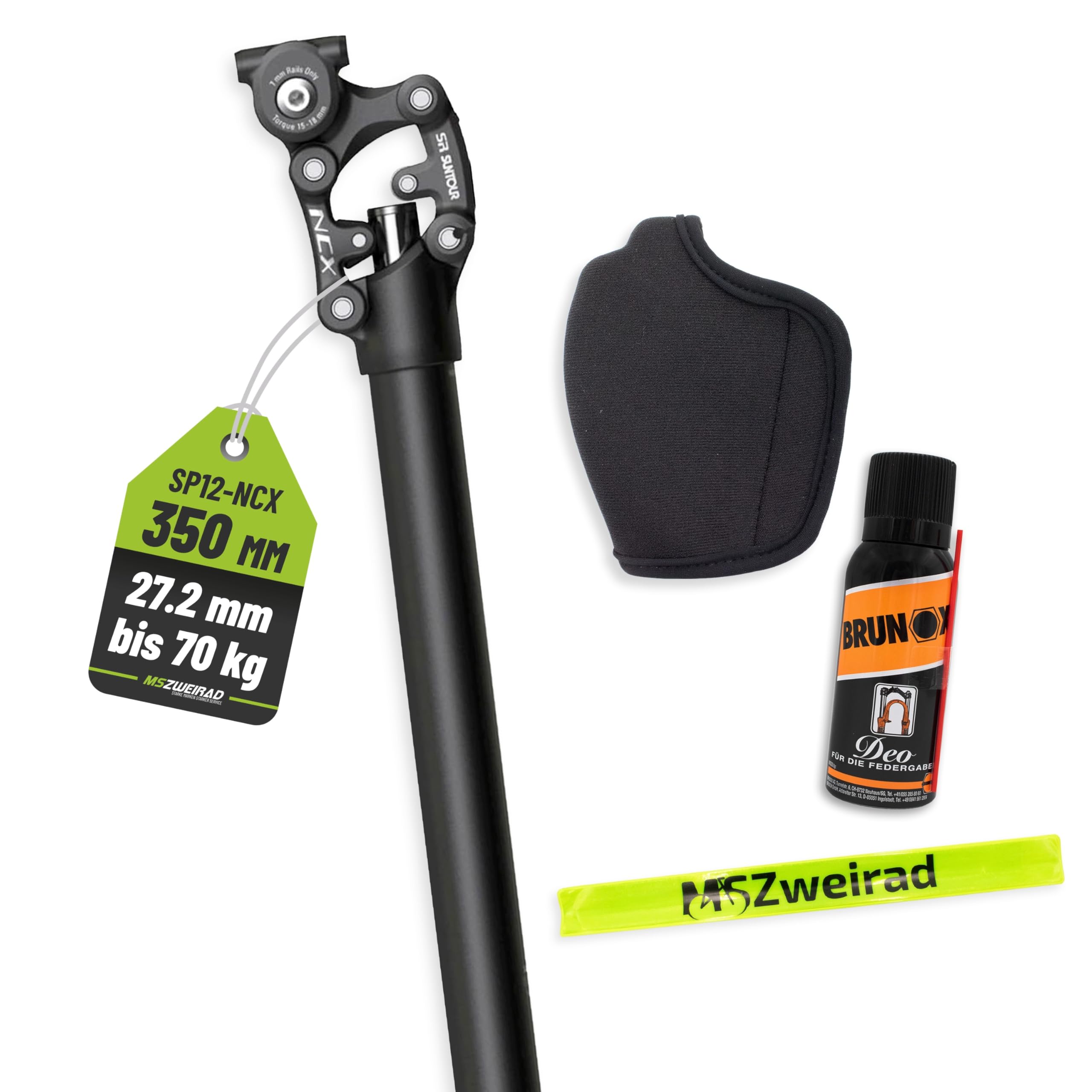 Suntour Federsattelstütze SP12-NCX Durchmesser 27,2mm, Länge 350mm,Gewicht bis 70kg, 65-95kg, 95-120kg Parallelogramm inklusive Brunox Deo und MSZweirad Reflexband