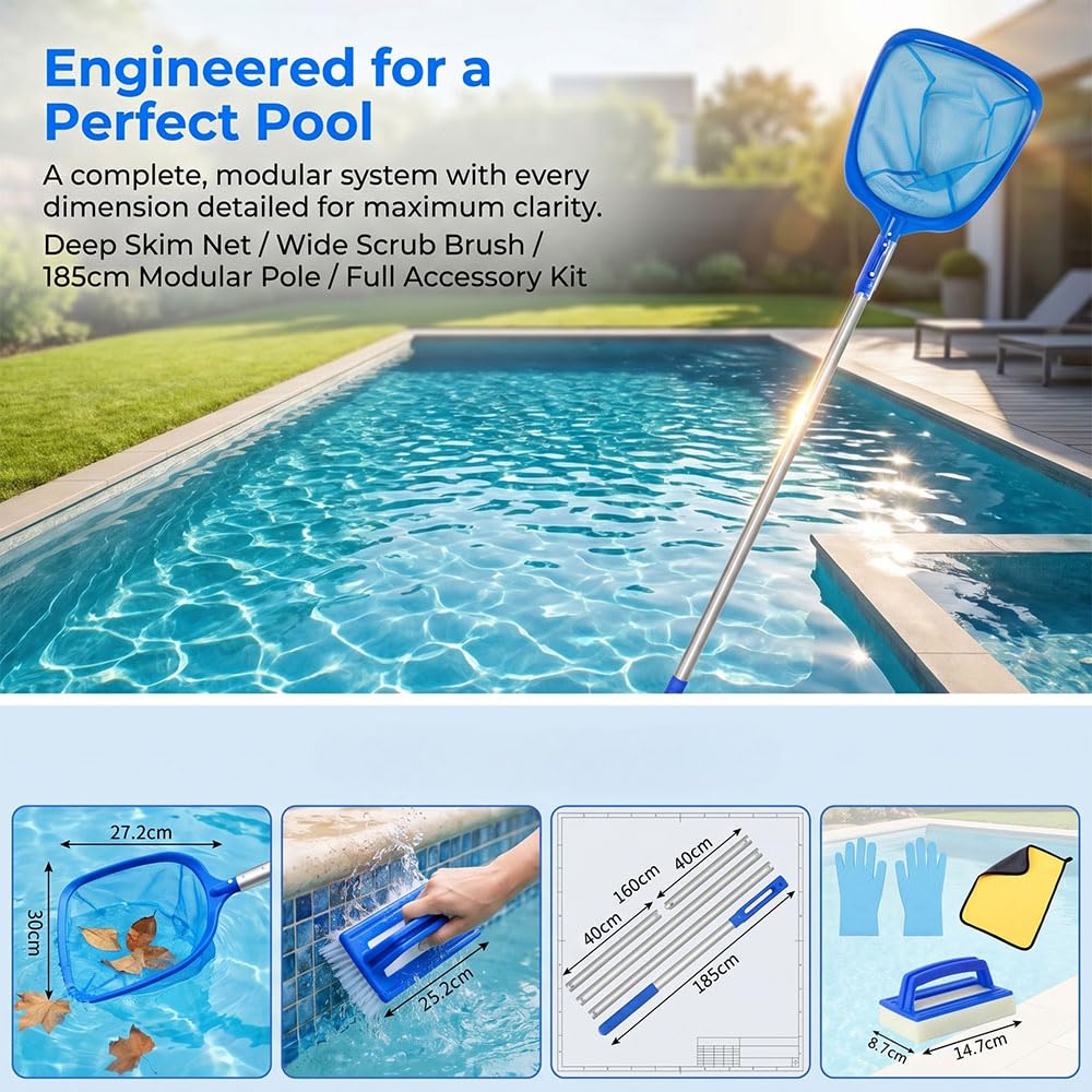 Yi'antai Skimmer Limpieza de Red de Piscina, Red de Limpieza de Piscinas 188cm, Recogehojas para Piscinas con Cepillo Piscina, Kit Limpieza Piscina, Limpieza de Red de Piscina (Azul B)