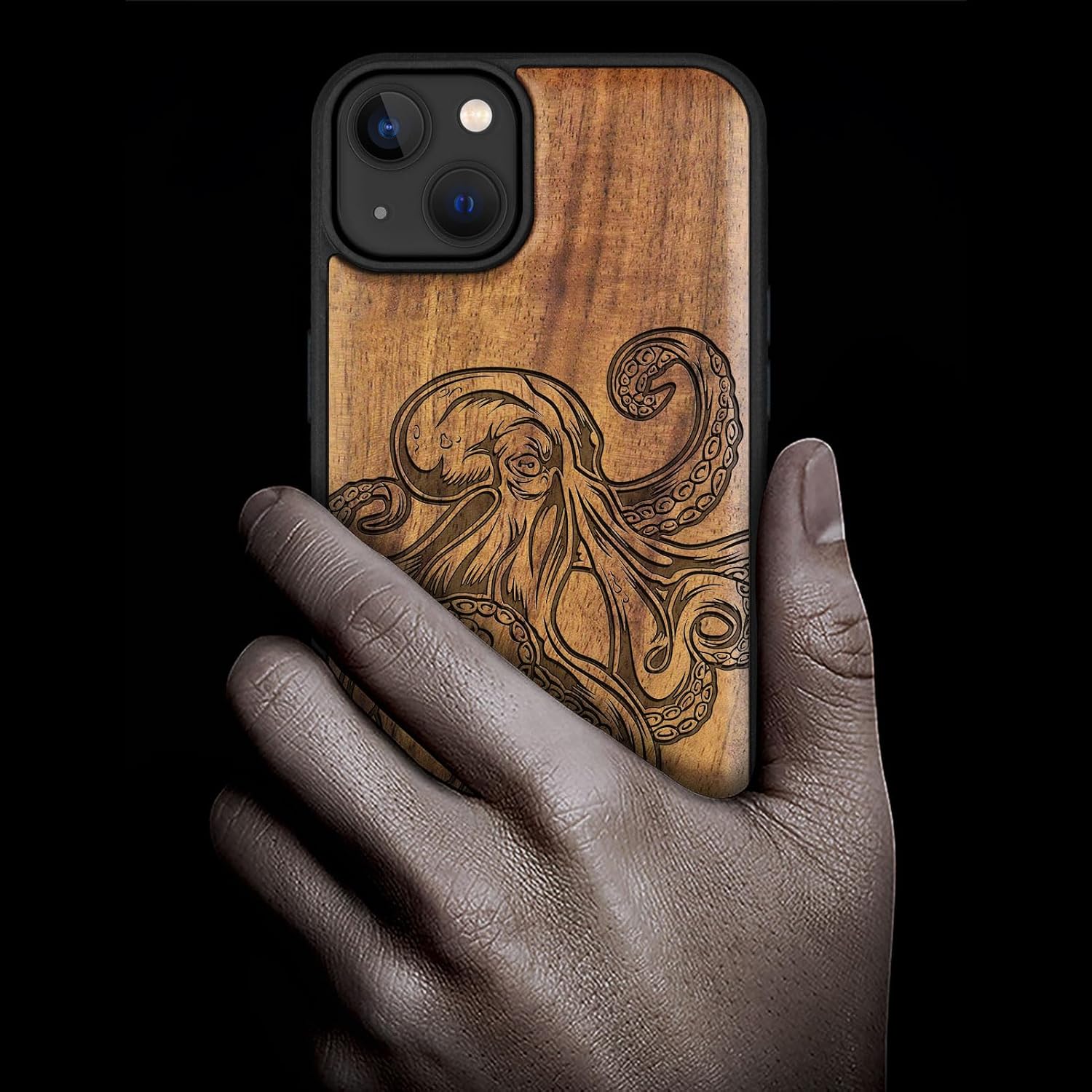 Carveit Magnetic Wooden Case for iPhone 15 Plus Case, Compatible with MagSafe Wireless Chargers, Black Soft TPU Shockproof Cover & Wood Artisan Engraved (Octopus Drawing) - Walnut