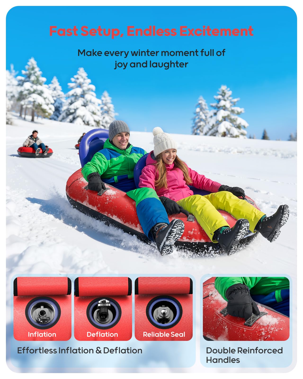 Tubo de nieve inflable para 2 personas con respaldos dobles y cuerda de remolque