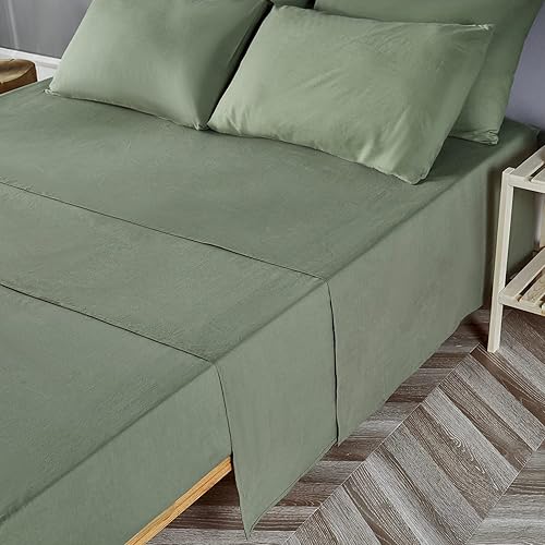 Miniatura 2 de JELLYMONI Juego de sábanas de bolsillo profundo, 100 % algodón lavado, color verde, tamaño matrimonial, 1 sábana bajera, 1 sábana encimera y 2