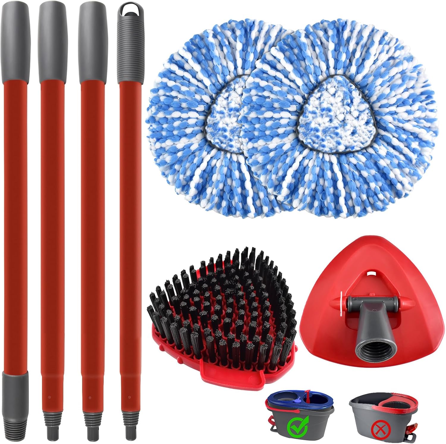 Spin Mop Handle,Replace Head,Scrub Brush Head and Base for Ocedar Rinseclean 2 Tank System,Include 4 Section Durable Mop Stick,2 Microfiber Mop Heads Replacements,1 Scrubber 1 Base,Bucket Not Included