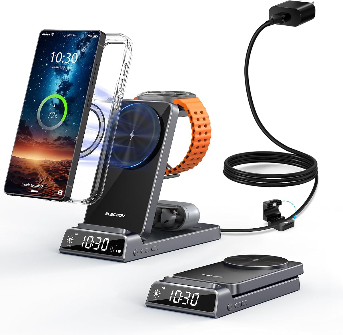 Cargador inalámbrico magnético para Samsung, cargador Android de viaje con mesita de noche | Estación de carga plegable 3 en 1 para teléfonos Samsung, Galaxy Watch y Galaxy Buds. (No para Apple Watch, adaptador incluido)