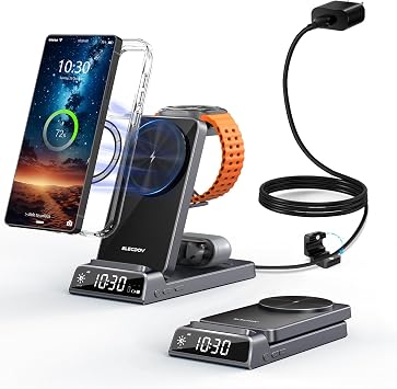 Magnetic Wireless Charger for Samsung, Nightstand Travel Android Charger | 3-in-1 Foldable Charging Station for Samsung Phones, Galaxy Watch, Galaxy Buds. Not for Apple Watch, Adapter Included