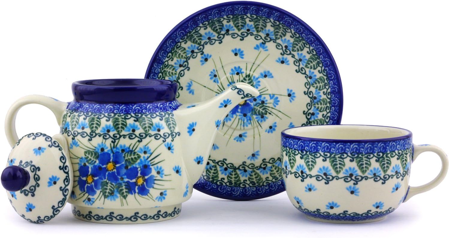 Polmedia Polish Pottery Tea Set for One UNIKAT - Forget Me Not Pattern Handmade in Boleslawiec Poland by Ceramika Artystyczna + Certificate of Authenticity
