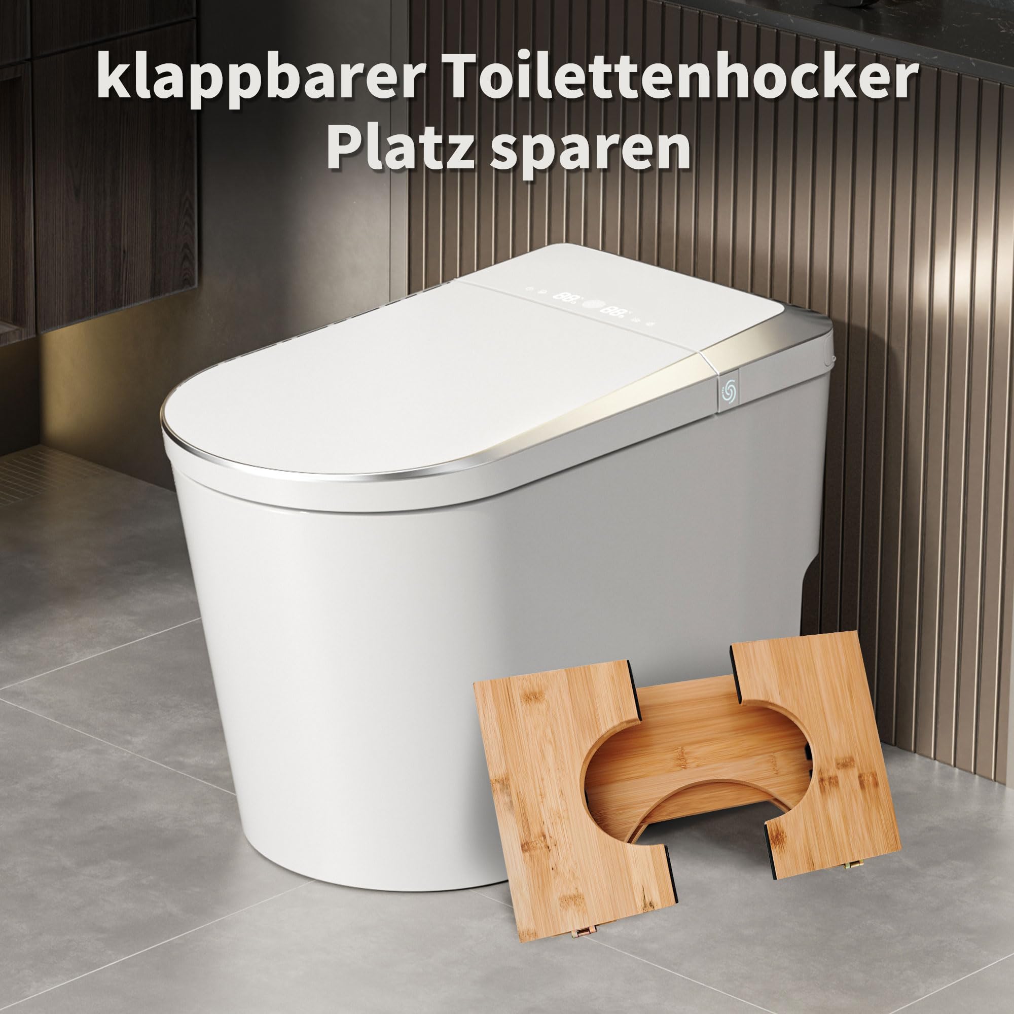 Sgabello WC pieghevole in bambù – Sgabello ergonomico per bagno con 4 marce regolazione dell'inclinazione (18 – 27 cm), antiscivolo, pieghevole, per adulti e bambini