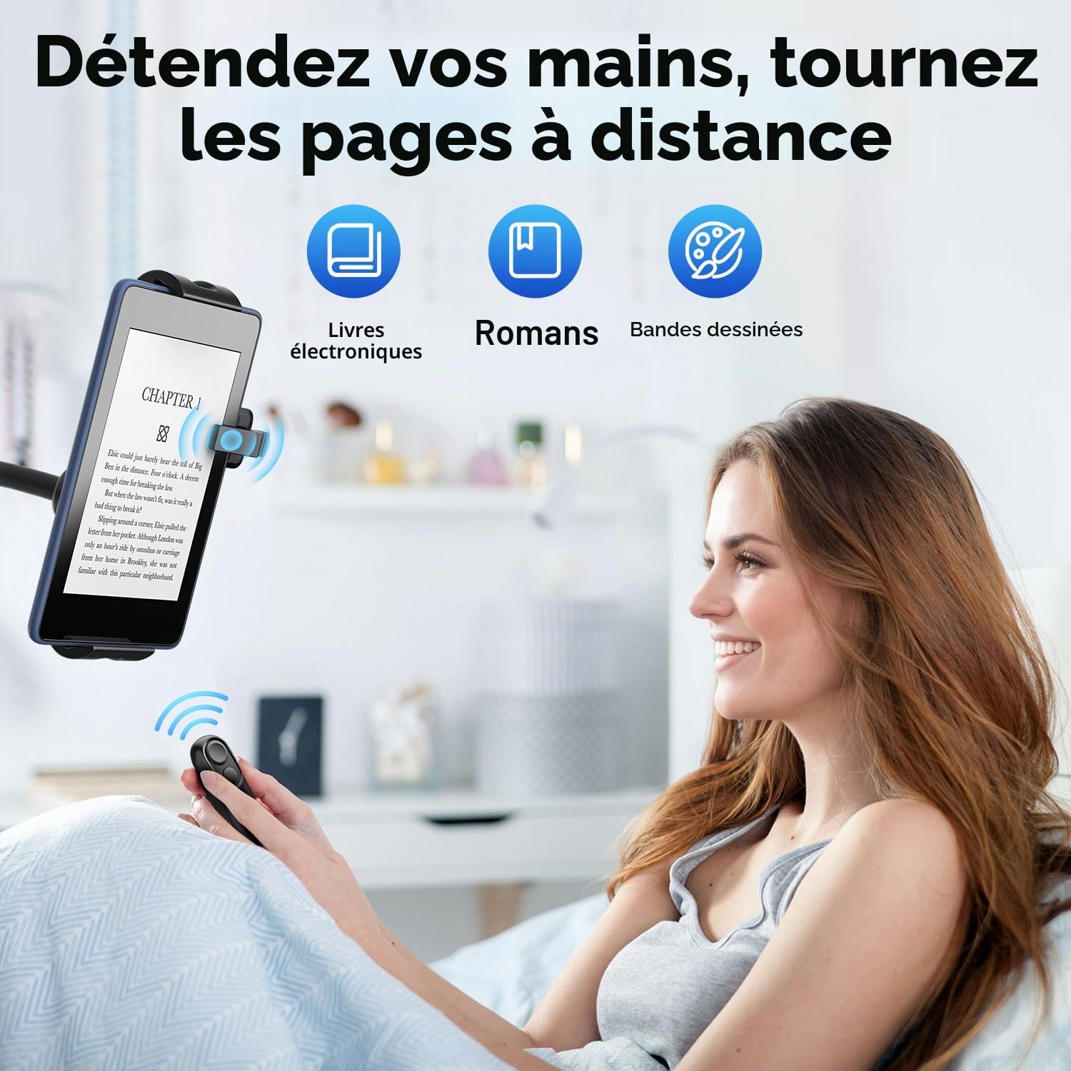 Support pour Tablettes pour la Lecture Kindle avec RF Télécommande Tourne Page (HKRC003), eReaders Support et Télécommande Liseuse, Accessoires pour la Lecture Kindle/iPad/Tablets au Lit