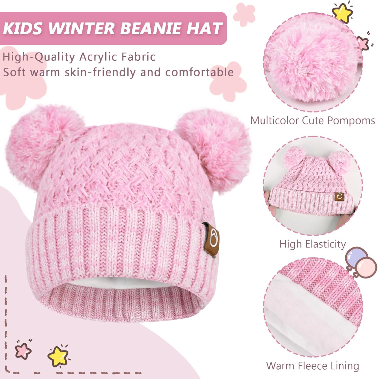 Kids Winter Hat Gloves Scarf Set,Toddler Girls Winter Hat Kids Beanie with Pom Neck Warmer Gaiter Mittens Fleece Lined Set - Image 2