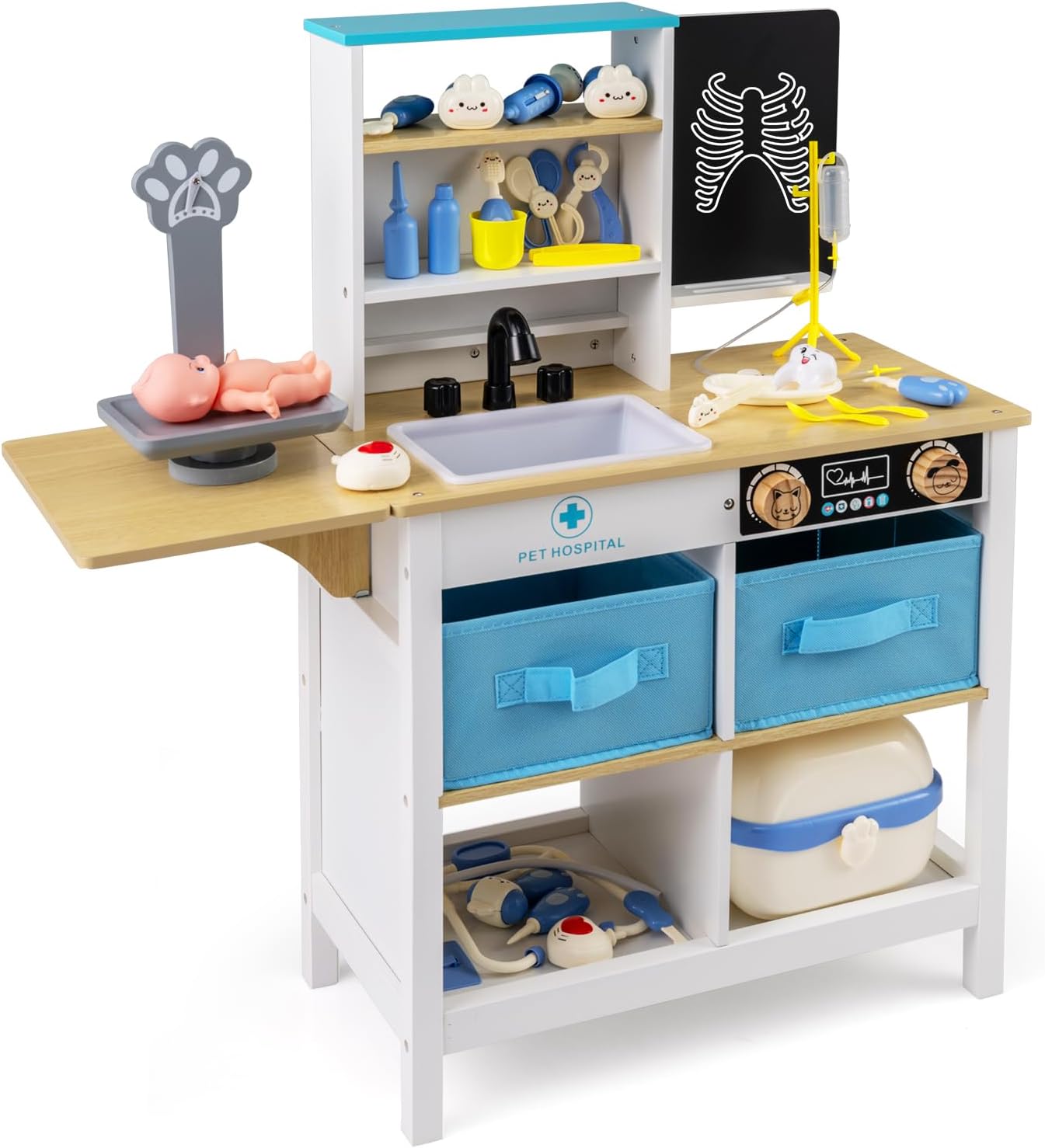HONEY JOY Kids Wooden Doctor Play Set, 2 In 1 Checkup Medical Office Center & Vet Clinic Station, Chalkboard, Pet Scale & Medical Kit, X-Ray, Toddler Pretend Hospital Playset Kit for Boys Girls (Blue)