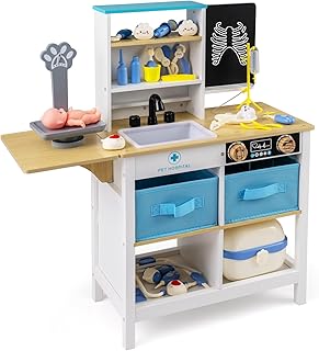 HONEY JOY Kids Wooden Doctor Play Set, 2 In 1 Checkup Medical Office Center & Vet Clinic Station, Chalkboard, Pet Scale & Medical Kit, X-Ray, Toddler Pretend Hospital Playset Kit for Boys Girls (Blue)