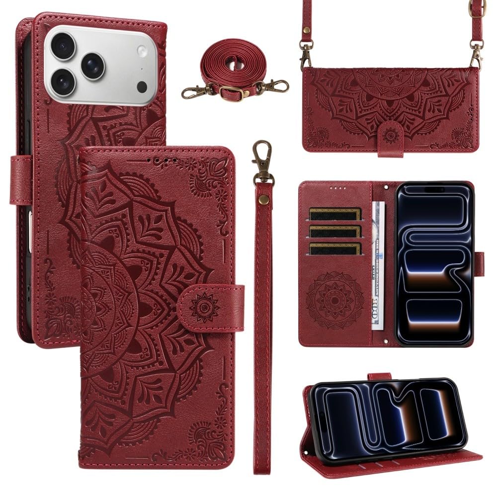 Protection iPhone 14 rouge portefeuille cuir à rabat avec lanière - 8