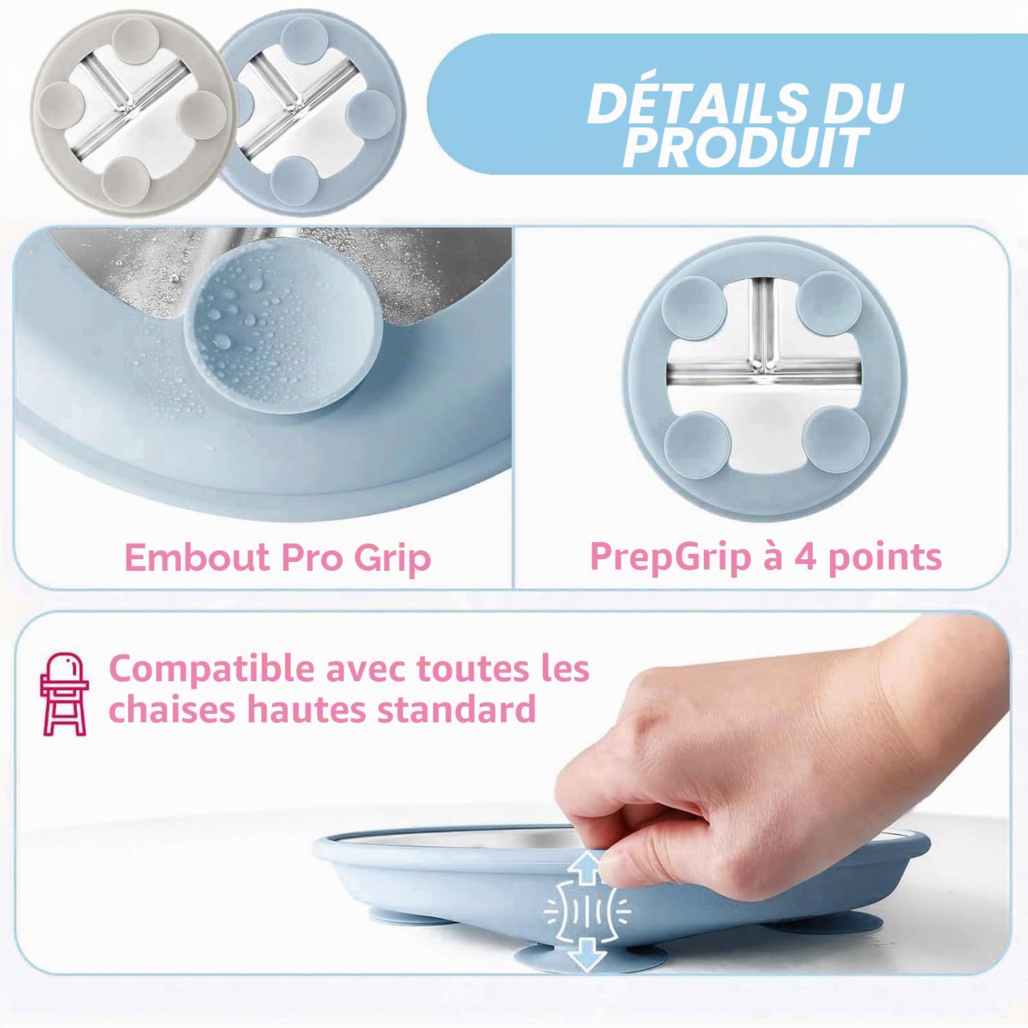 Set De 2 Assiettes En Acier Inoxydable Avec Ventouse Pour Bébé Et set De 1 Cuillères Et Fourchettes, Repas Antidérapant pour Bébé, non toxique et sans BPA