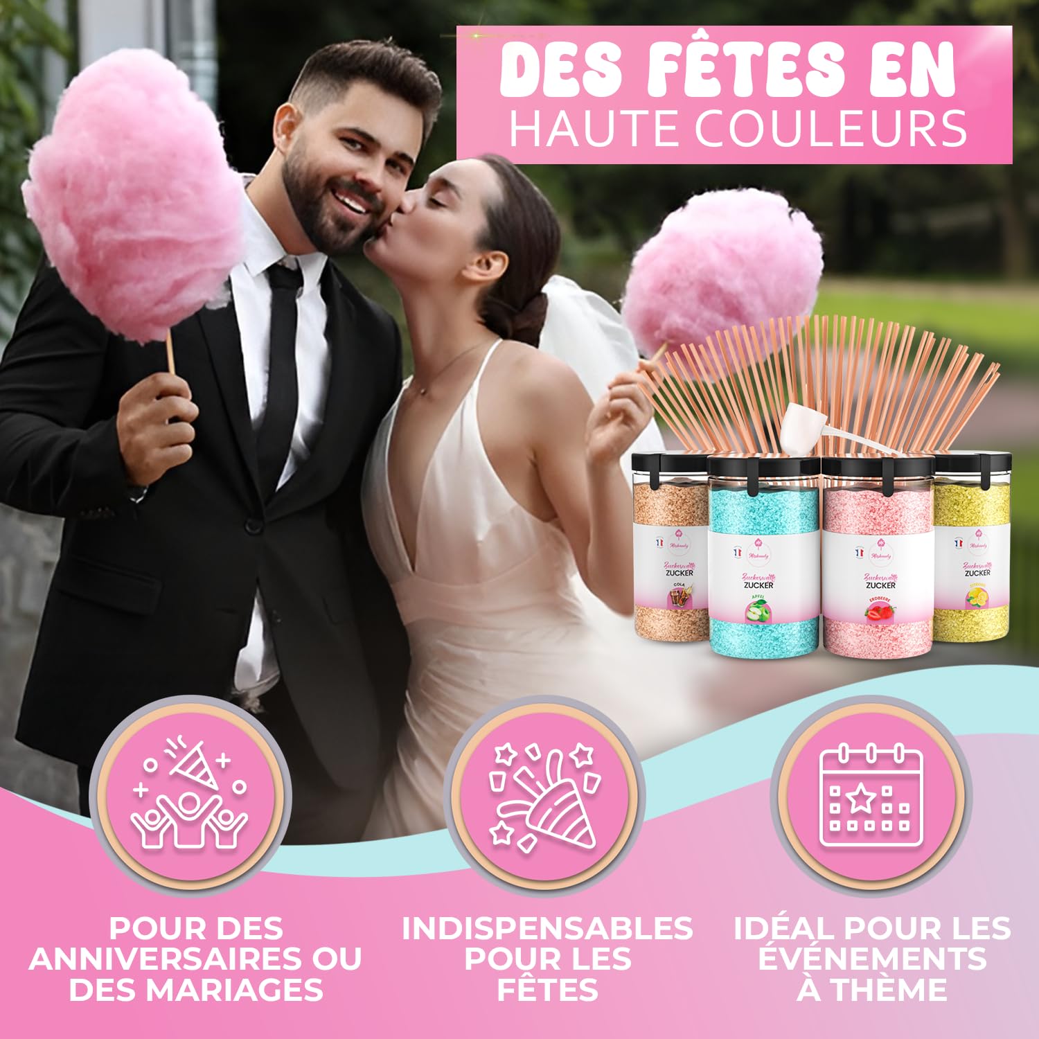 Misskandy® sucre barbe à papa pour machine- Lot de (4 * 240Gr) - (Arômes Naturels): Goûts: Fraise/Pomme/Cola/Citron/poudre barbapapa+ 50 bâtonnets (offerts)/ Fabriqué en France