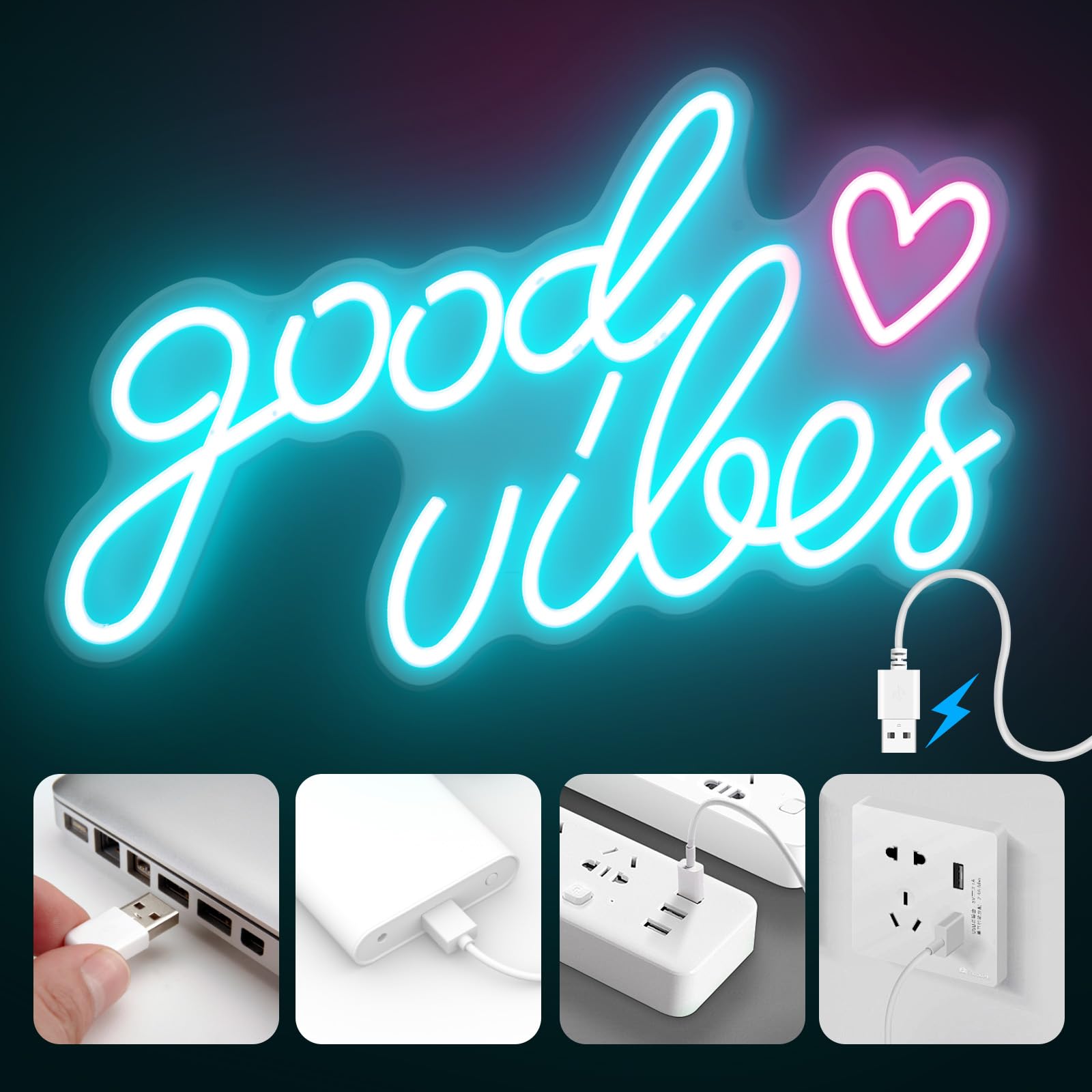 Blue Good Vibes Néon Led, Néon Mural Lettre Usb, Pour Chambre à Coucher, Chambre D'Enfant, DéCoration Murale, Bar, Mariage, FêTe