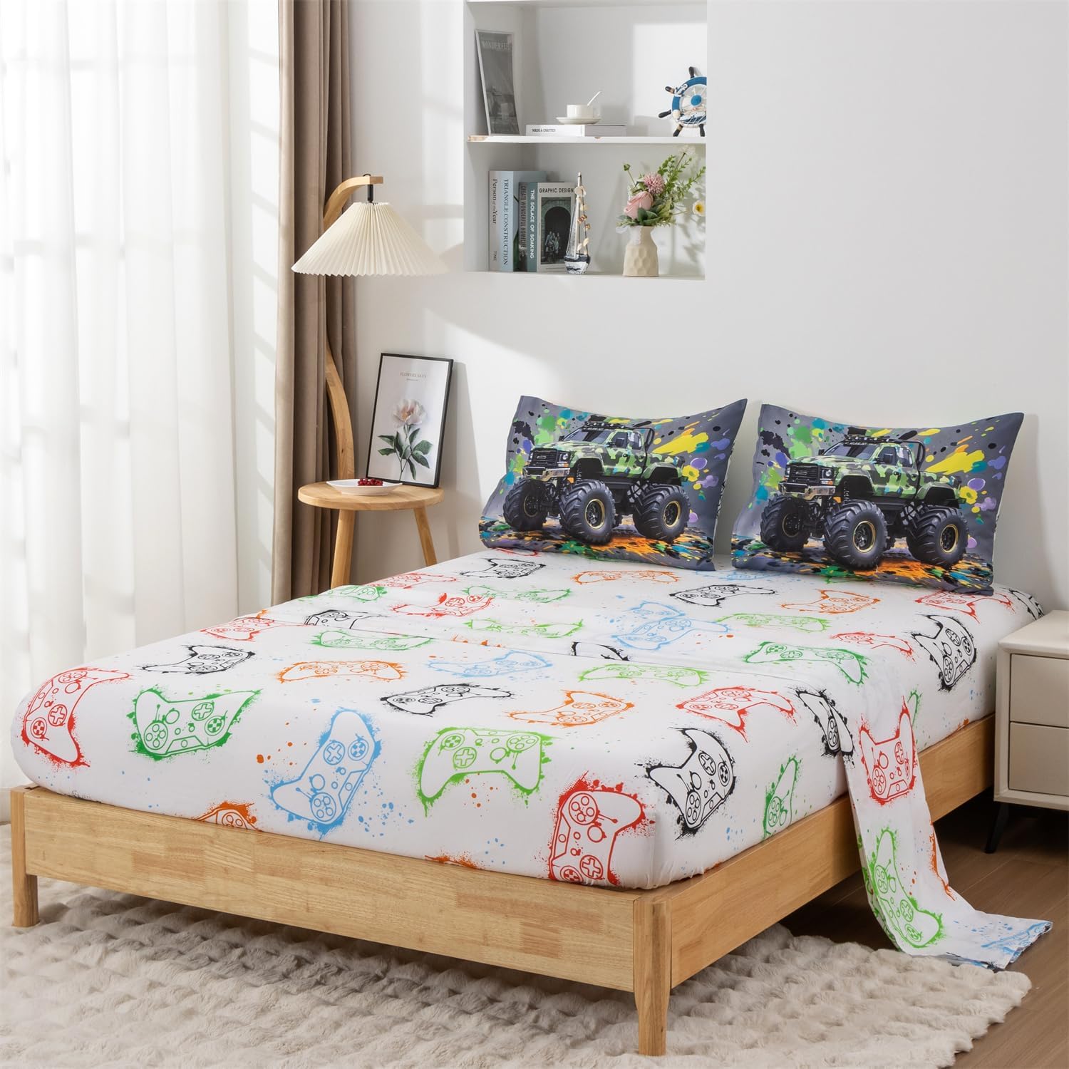 Holawakaka Boys Twin Size Off-Road Camo Racing Truck Print Bedding Comforter Set with Sheets, Cartoon Camouflage Race Trucks Bed in A Bag 5 Pieces Kids Teens Car Dorm Reversible Bed Sets