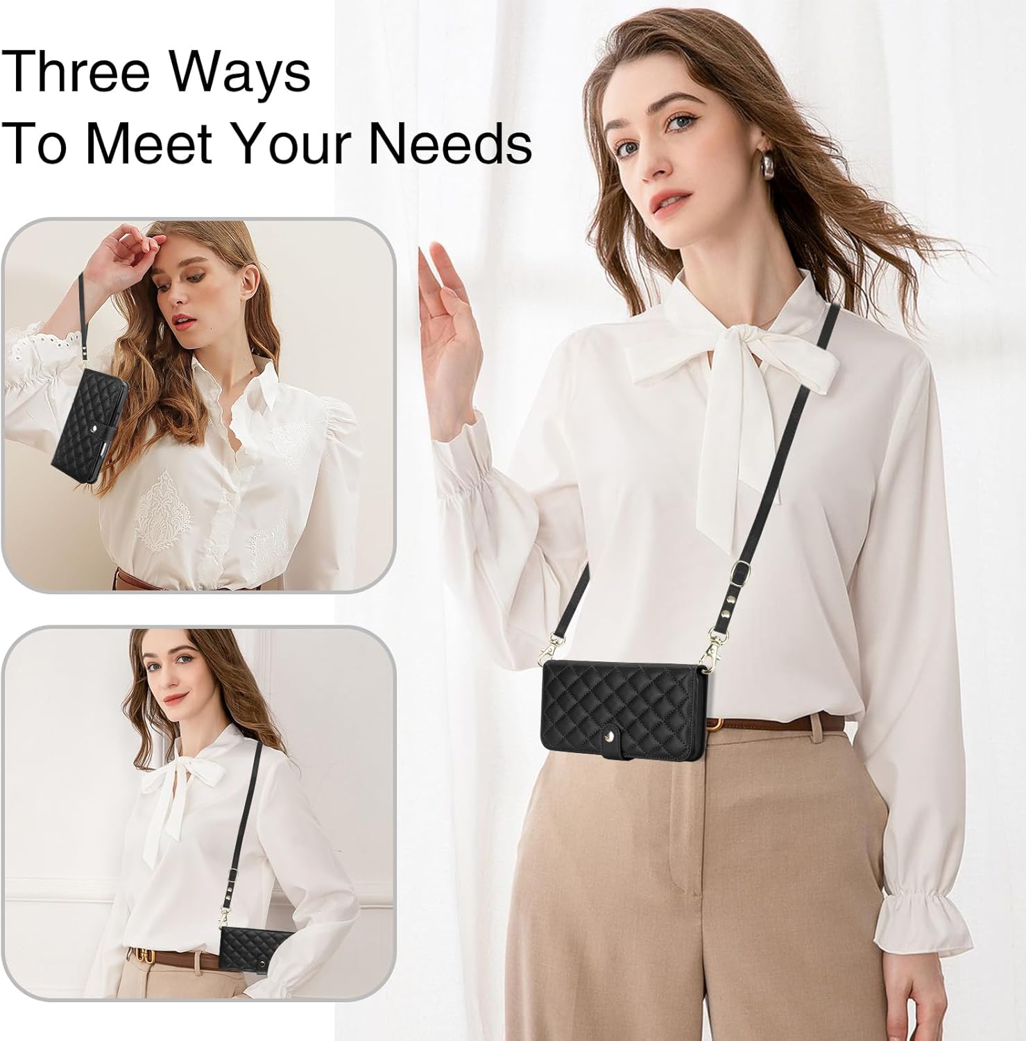 Vofolen Compatible with iPhone 16 Pro Max Case with Card Holder Crossbody Wrist Strap Leather Flip Case with Magnetic Clasp Kickstand Heavy Duty Protective Wallet Phone Case for Women, 6.9 Inch Black - Image 4