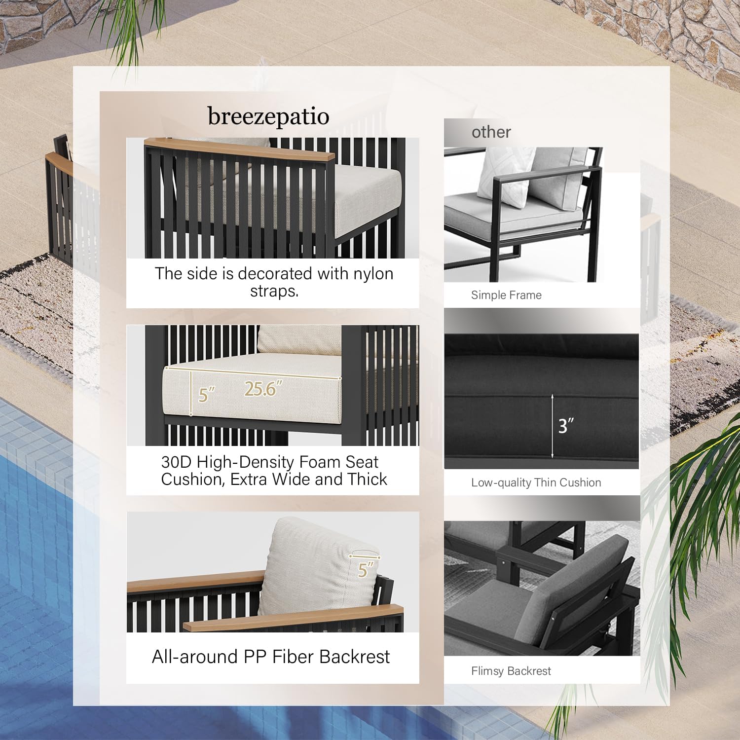 4 Piece Aluminum Patio Furniture Set,Outdoor Conversation Sets,Backyard Sofa with Washable Cushions,Weather Outdoor Furniture Sectional with Coffee Table (Black Beige,4 Seats)
