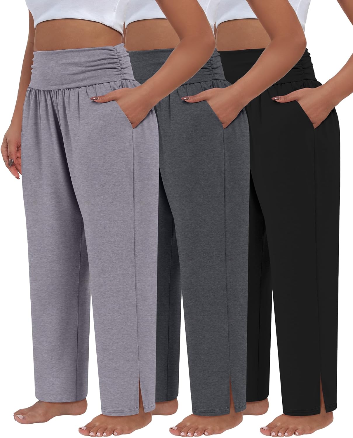 Locoowai 3 Pack Women's Plus Size Pleated Wide Leg Pants, Side Slit Lounge Yoga Pants Casual High Waist Palazzo with Pockets