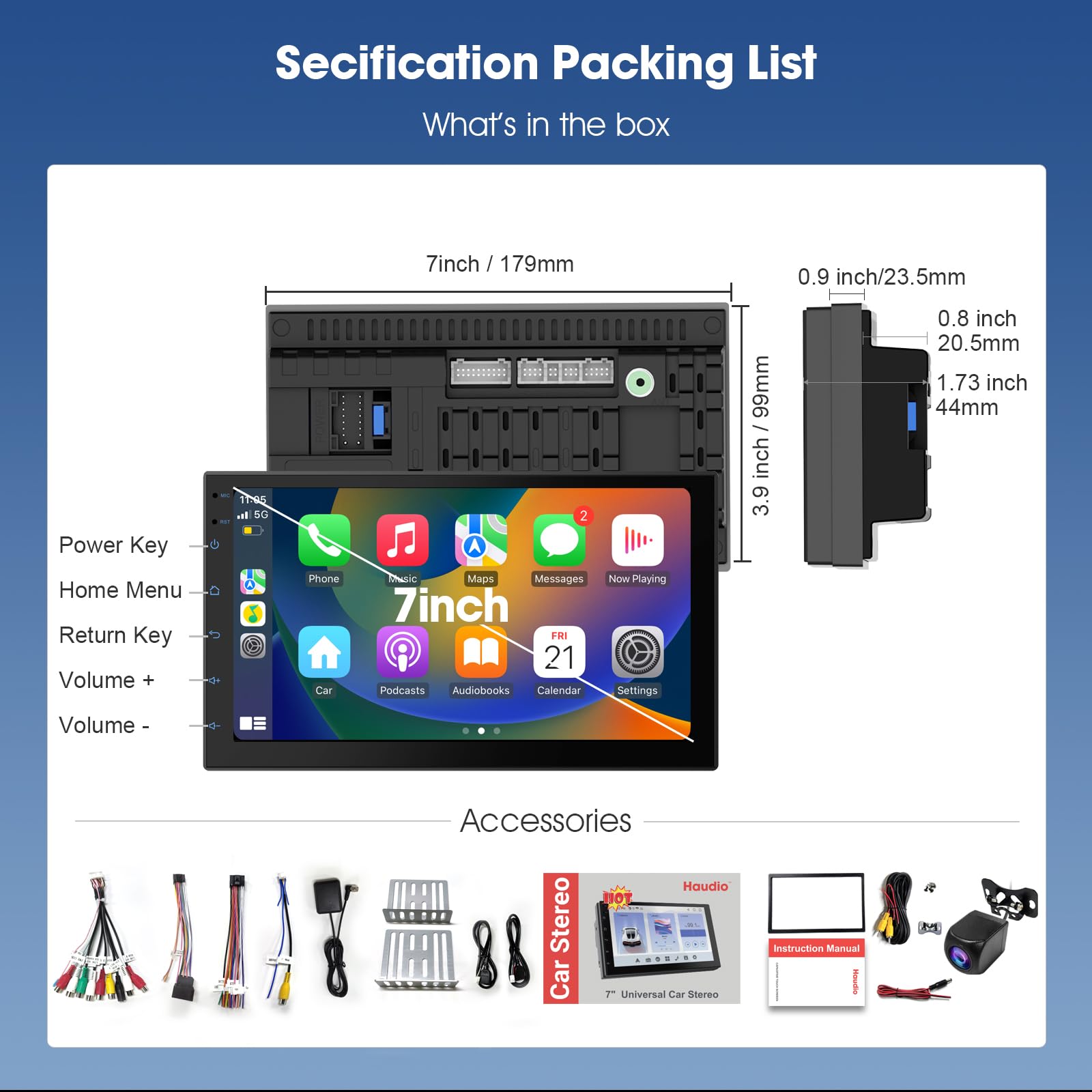 Haudio 7 Zoll 2 Din Radio Android mit Wireless CarPlay & Wireless Android Auto,Auto Radio Touch Display mit Rückfahrkamera,Bluetooth,AUX,AM/FM,Mirror Link,GPS-Navigation|Apple CarPlay Bildschirm