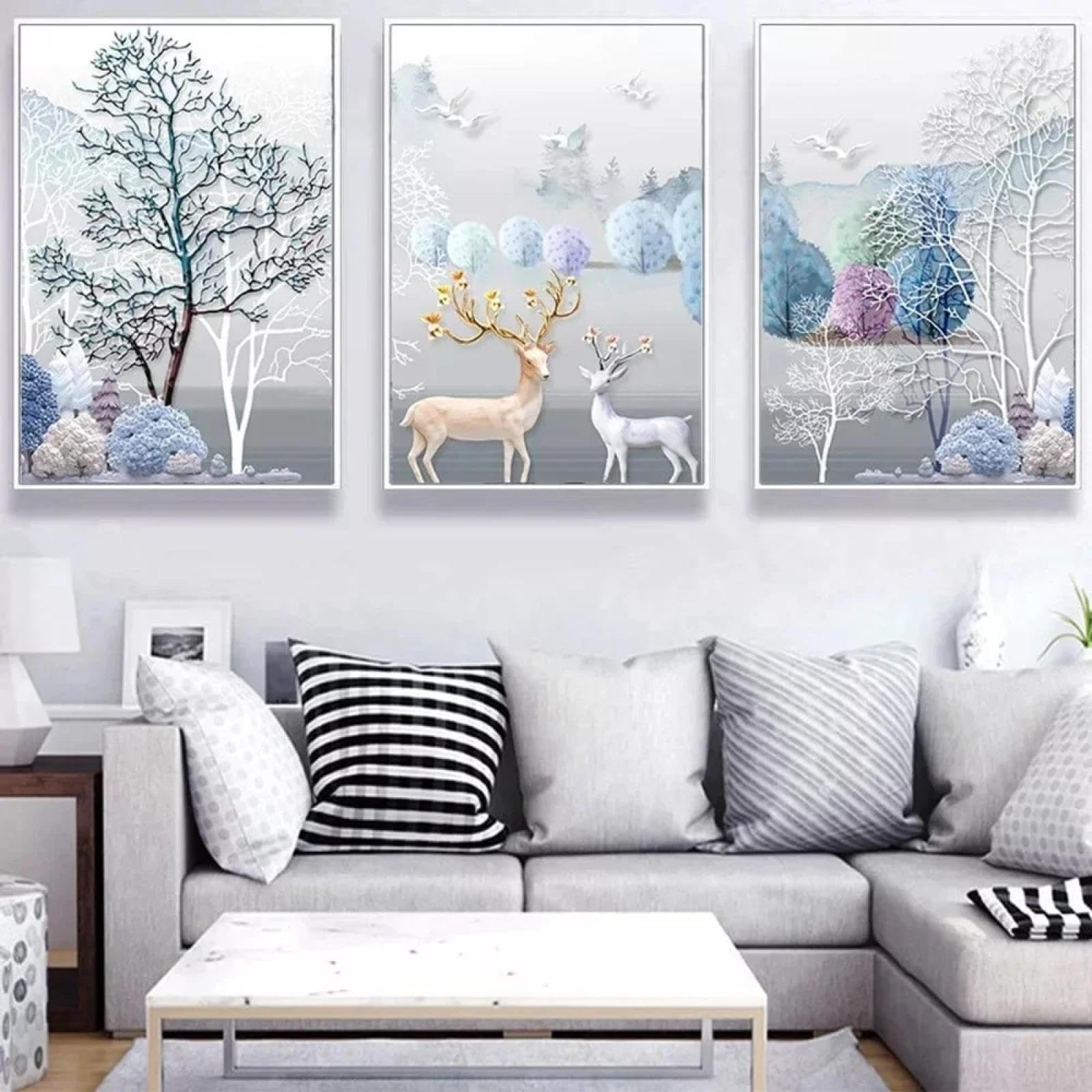 Peintures décoratives de cerf d'hiver art mural abstrait triptyque 40x60 cm - 8
