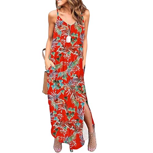 HUSKARY Women's Summer Casual Sleeveless V Neck Strappy Split Loose Dress Beach Cover Up Long Cami Maxi Dresses with Pocket