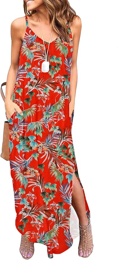 HUSKARY Women's Summer Casual Sleeveless V Neck Strappy Split Loose Dress Beach Cover Up Long Cami Maxi Dresses with Pocket