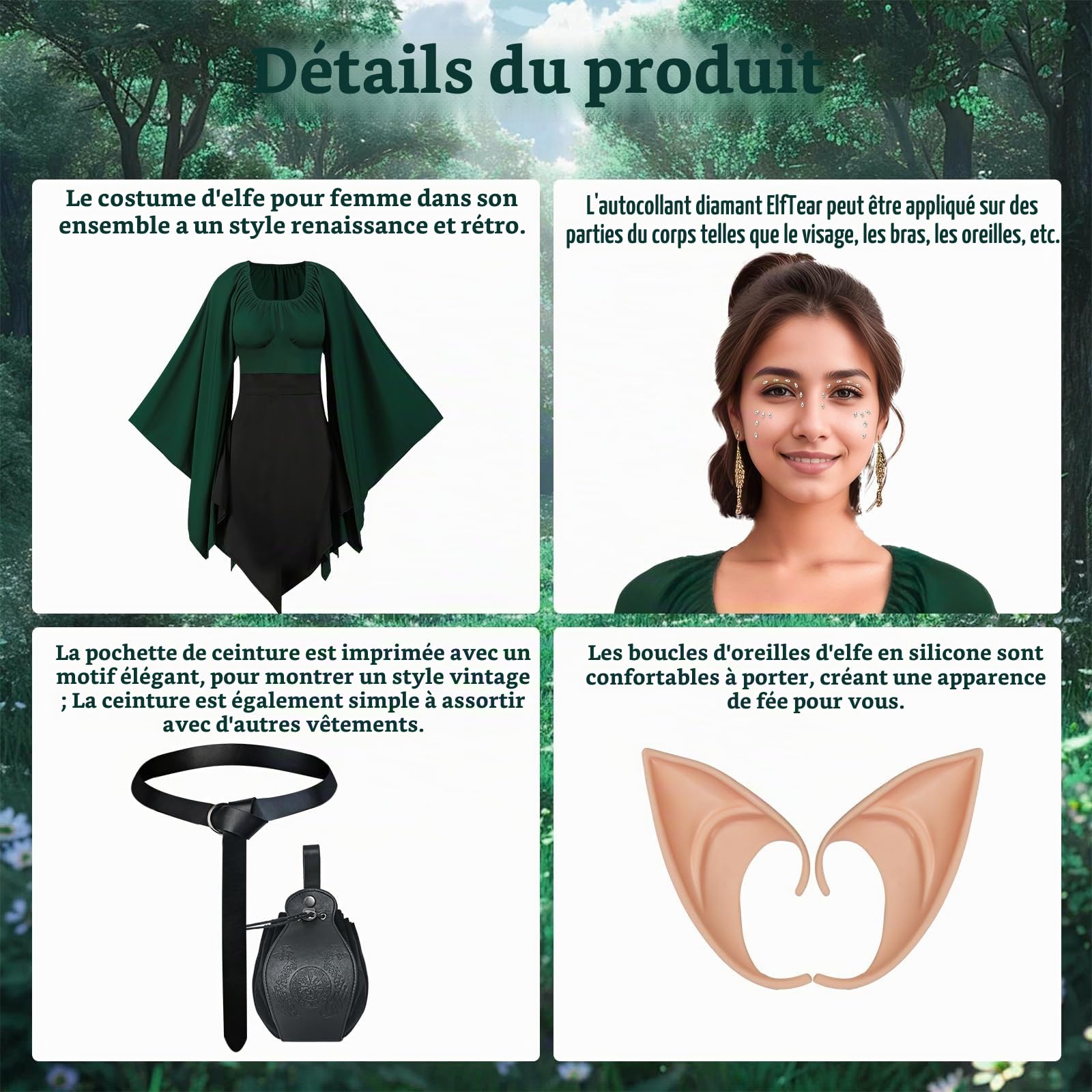 Lot de 8 robes médiévales pour femme - Robe irlandaise traditionnelle Renaissance avec oreilles d'elfe - Robe de cosplay victorienne d'Halloween