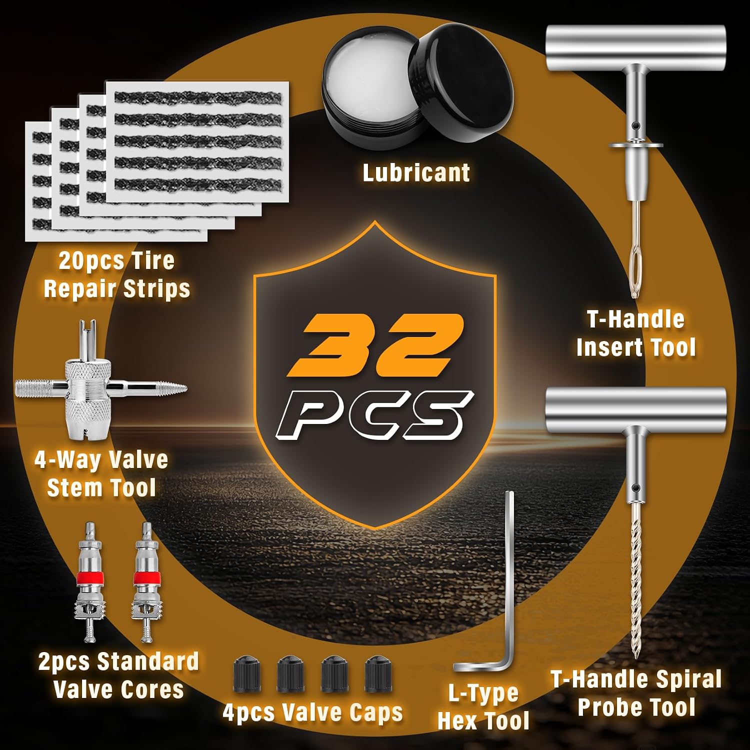 Flat Tire Repair Kit, Tubeless Tire Repair Kit, 32 PCS Car Tire Patch Kit for Cars, Motorcycles, ATVs, Tractors, Lawn Mowers, RVs, Jeeps, Trucks, SUVs and Trailers
