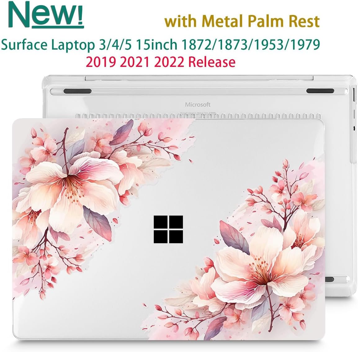 Tuiklol Case for 15 Inch Microsoft Surface Laptop 5/4/3 2022-2020, Model 1979/1953/1872/1873 Hard Shell Cover, Keyboard Cover+Screen Protector+Dust Plugs,Pink Big Flower image 4 of 7 B0CX4XM789