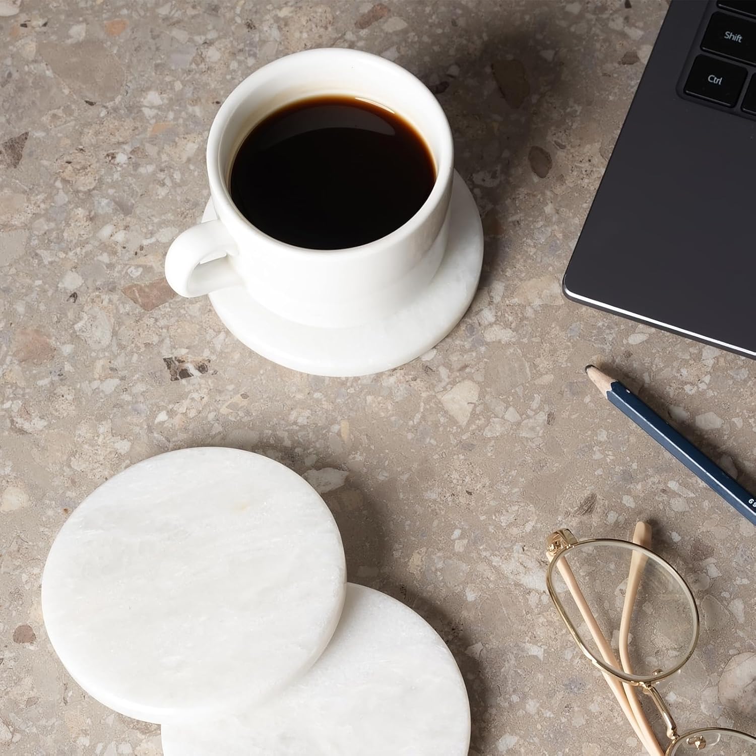 BCS Marble Coasters Set of 6 - Premium White Stone Coasters for Drinks with Holder - Cup Mats for Coffee, Tea, Beer, Wine - Elegant Table Decor for Home, Office, Dining