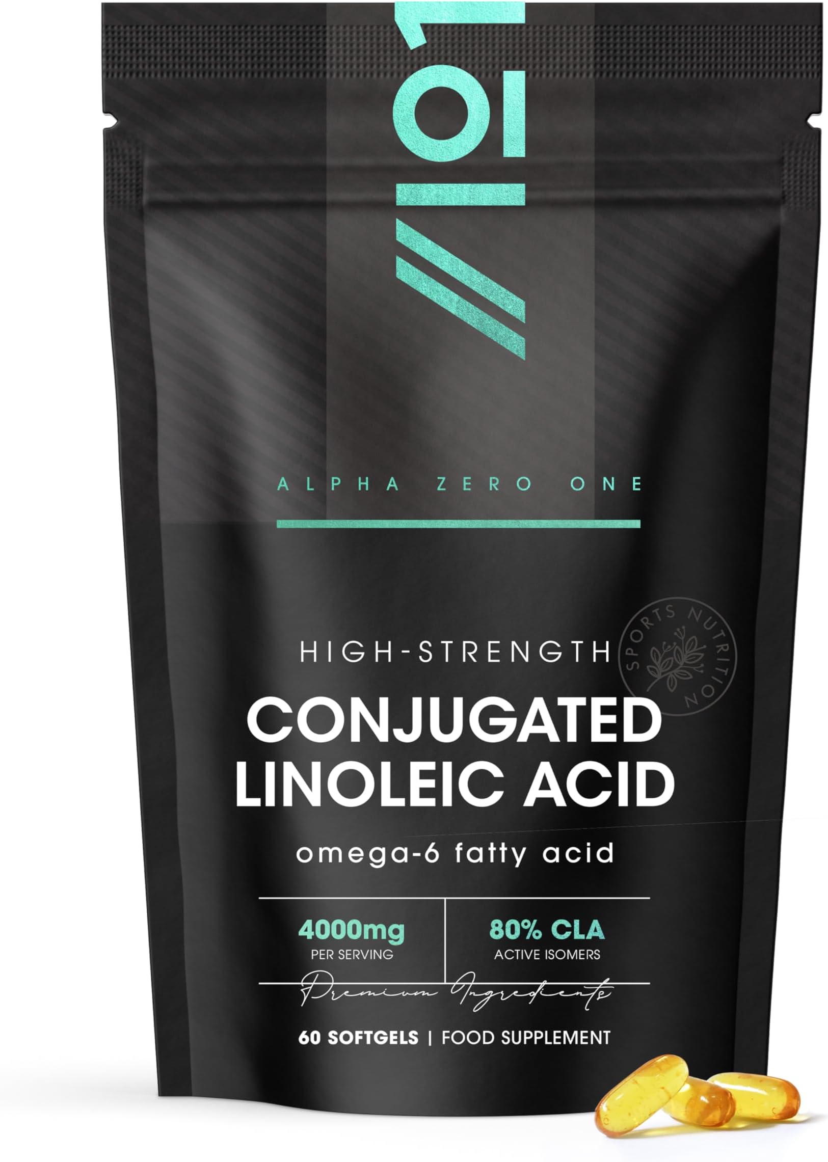 CLA Softgels 4000mg – Conjugated Linoleic Acid (CLA) Tonalin from Safflower Oil – 60 Softgels – Cold Pressed – Resealable and Recyclable Pouch by Alpha01