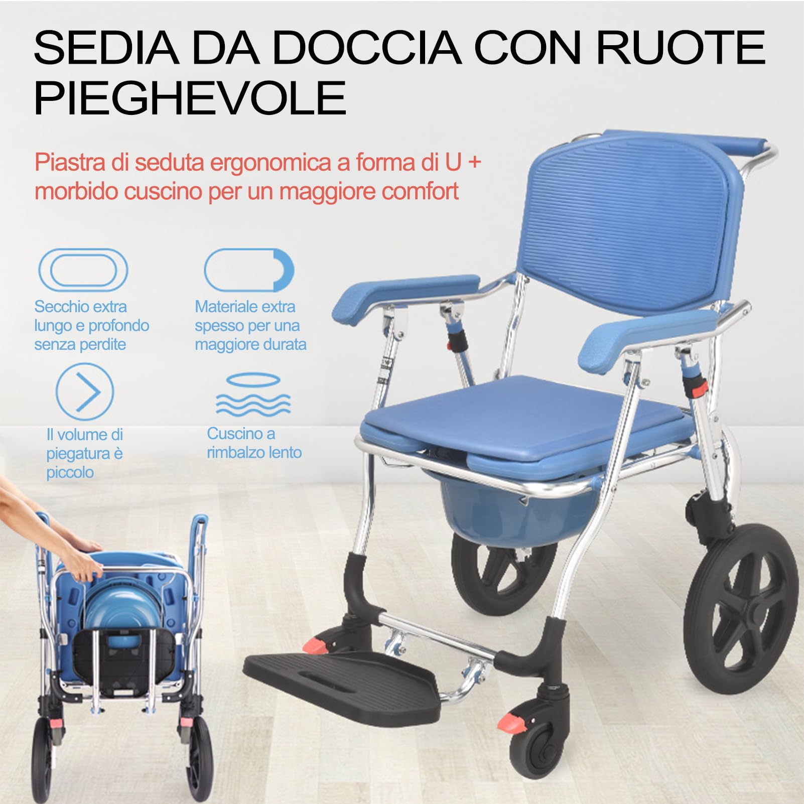 Sedia Doccia Disabili Con Ruote Sedia Comoda WC Smontabile Su 4 Ruote Sedia per WC Antiscivolo Carrozzina Da Toilette Sedia Comoda WC Imbottita Con Rotelle Vaso Rimovibile per Disabili