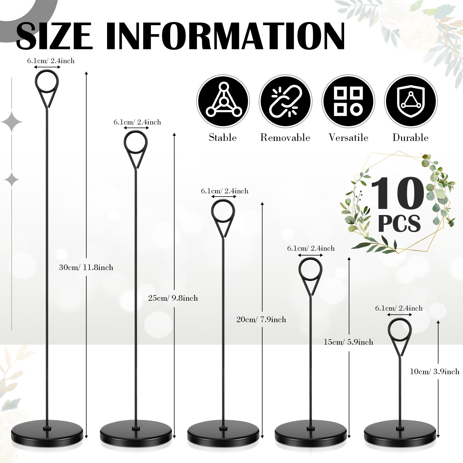 Faccito Lot de 10 supports amovibles en métal pour numéro de table, 5 tailles, nom, menu, note, photo, panneau de table pour mariage, anniversaire, fête (noir)