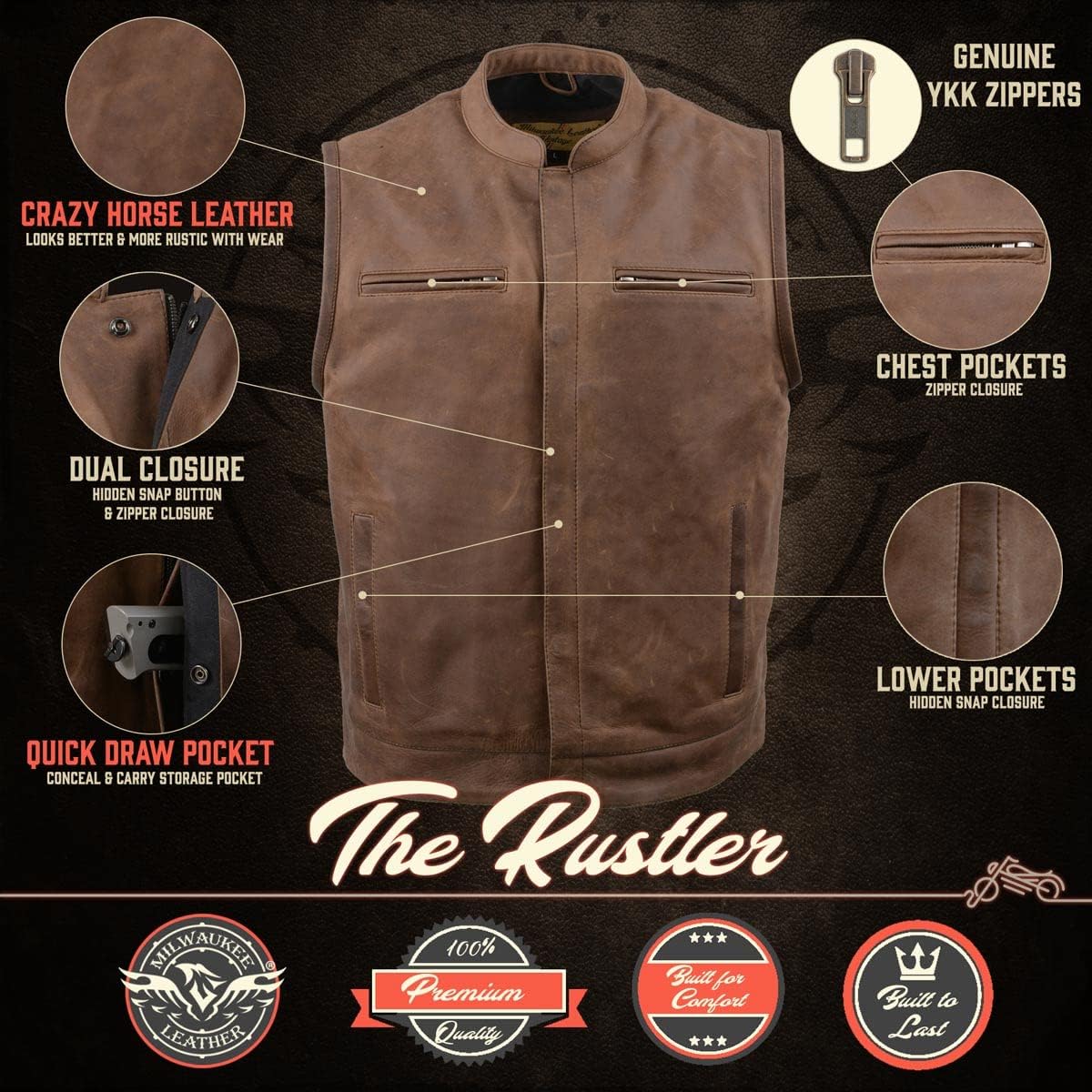 Milwaukee Leather MLM3519 Men's “Gambler” Crazy Horse Brown Vintage Leather Vest - Club Style Motorcycle Rider Vest - Image 2