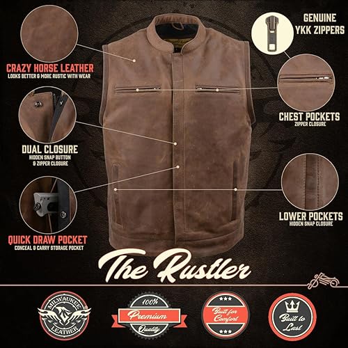 Miniatura 10 de Milwaukee Leather - Chaleco de cuero prémium para motociclistas, estilo club clásico para hombre  MLM - talla XL