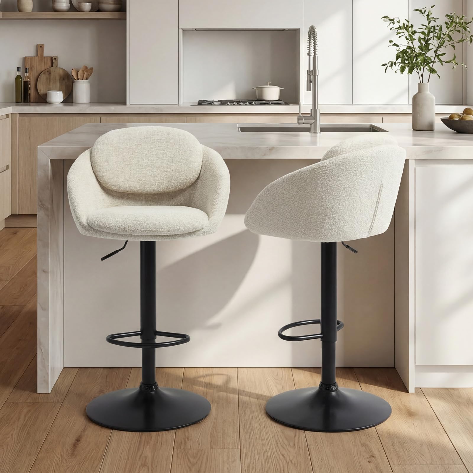 DAYALANE Bar Stools Set of 2 Chenille Swivel Breakfast Bar Chairs Adjustable Counter Height Pub Chair with Backrest and Footrest Kitchen Island Stool for Home Kitchen Beige